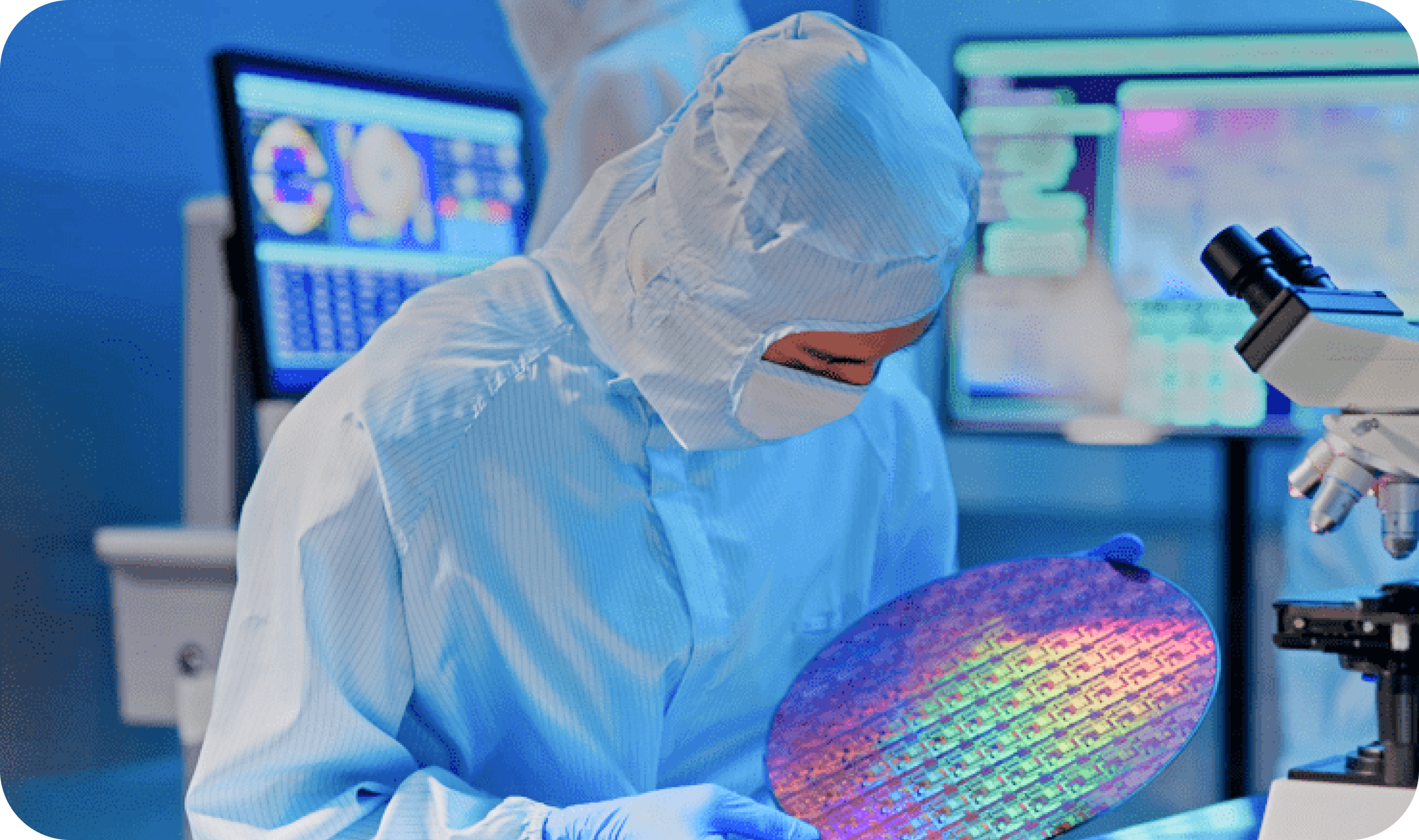 半導体研究室のクリーンルームで、防塵服を着たエンジニアがシリコンウェーハを手に持ち、目視による品質検査を行っている様子.