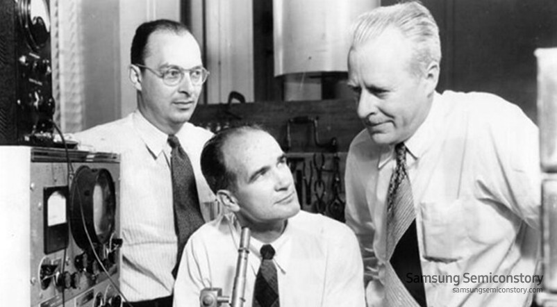 From the left, John Badin, William Shockley, Wilter Bratton, Bell Labs
