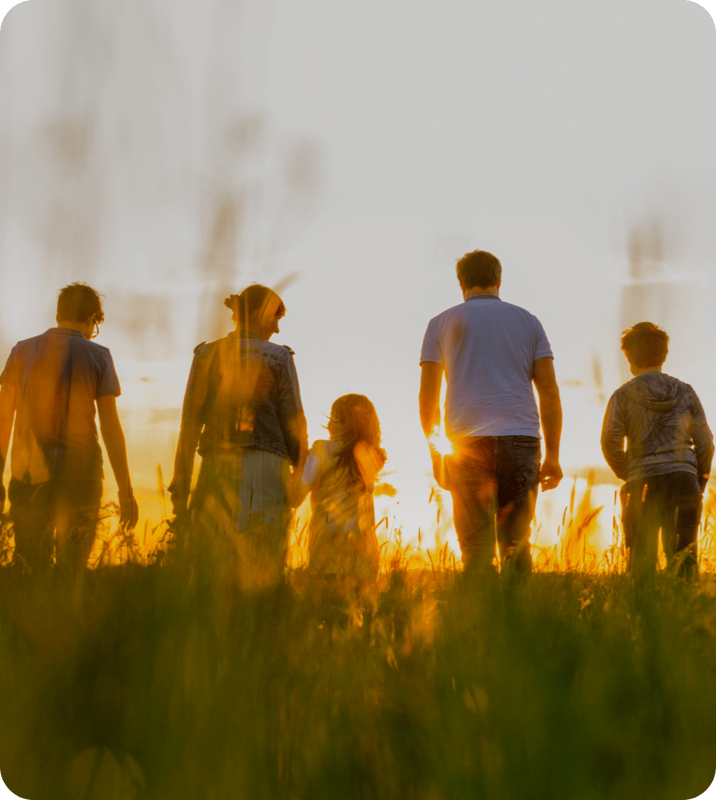 Back view of five people walking in a field at sunset.