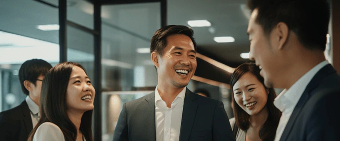 밝은 사무실에서 비즈니스 복장을 한 사람들이 함께 웃으며 대화하고 있는 모습.
