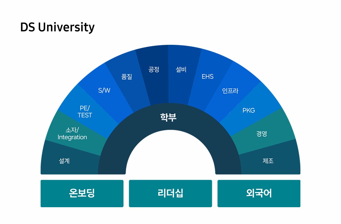 DS University의 직무 교육 체계를 나타낸 도식으로, 중심에 '학부'가 있고 이를 둘러싸는 형태로 설계, 소자/Integration, PE/TEST, S/W, 품질, 공정, 설비, EHS, 인프라, PKG, 경영 등 11개 학부가 배치되어 있으며, 하단에는 리더십, 외국어, 온보딩 항목이 별도로 표시된 모습