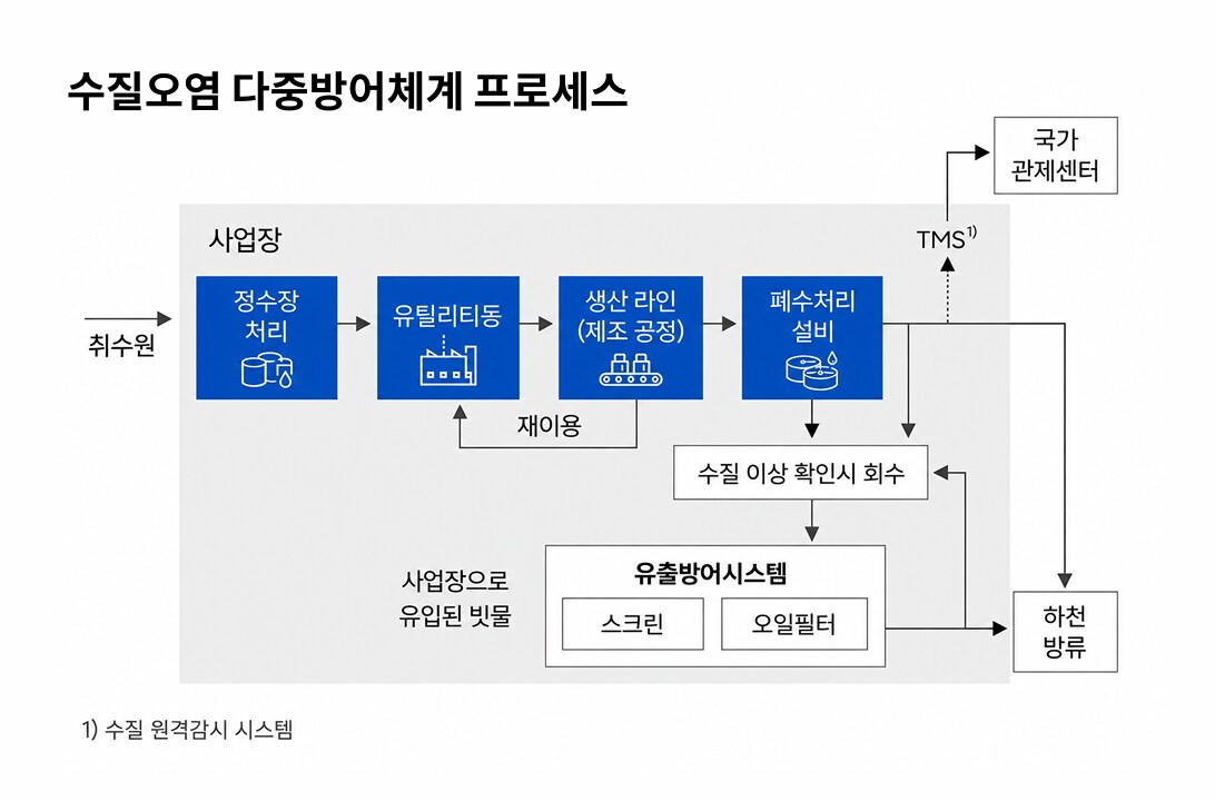 사업장에서 사용한 수자원이 하천에 방류되기 전까지 폐수처리 설비와 유출방어시스템을 통해 정화, 회수되는 과정을 나타내는 도식 이미지