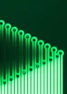 Green circuit board with neon glowing lines and circular connections highlighted