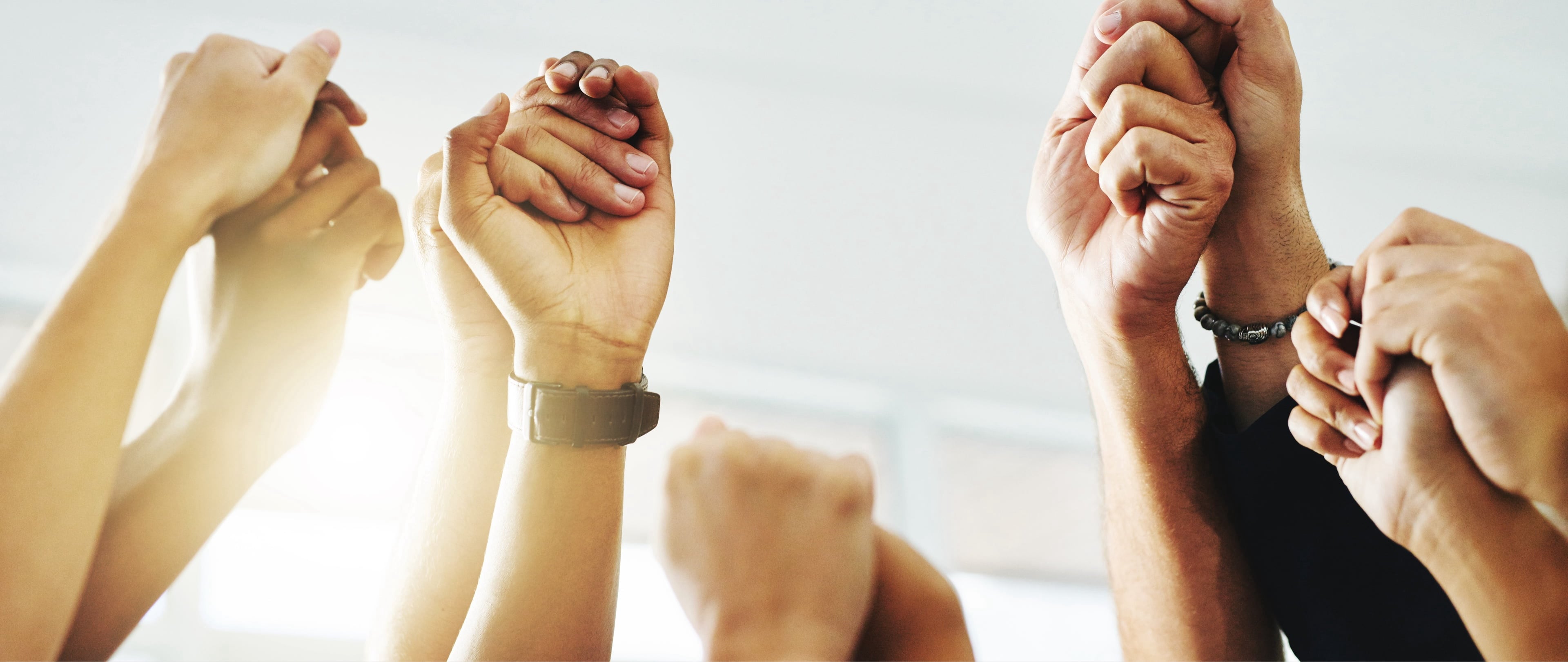 Close-up of multiple people holding hands.