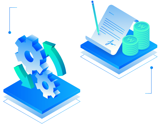 Icon with gears and curved arrows on a square shape, and a pile of coins and a paper and pencil signing