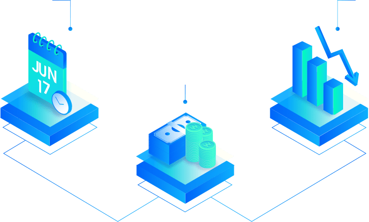 A calendar with a clock on top of a square, accumulated money and coins, and a graph-shaped icon with decreasing numbers.