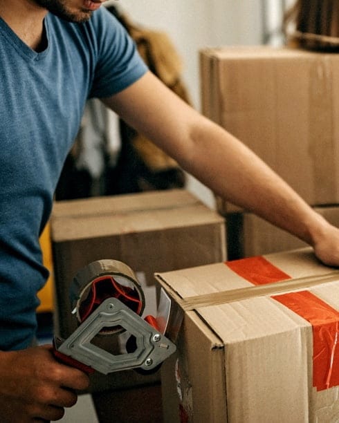A person is taping up the box.