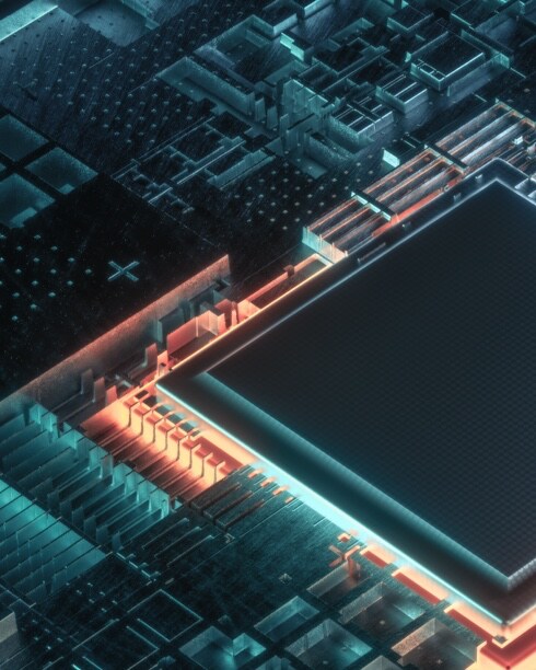 Semiconductor seen in the hardware of a device. Lights are emitting from it.