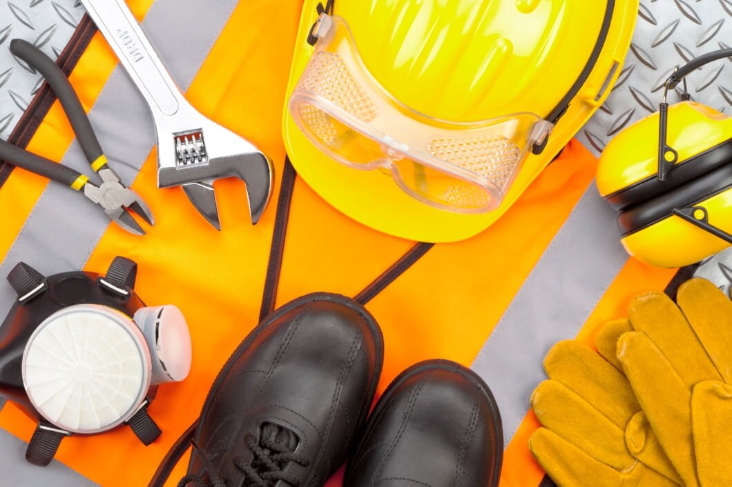 Tools, safety helmets, earplugs, safety gloves, and safety boots on top of a safety vest.