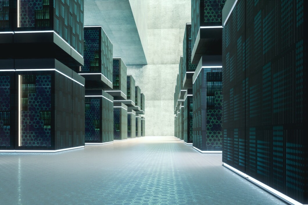 Rows of hardware are seen inside a large data center.