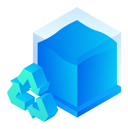 Illustration of clear cube with blue water inside with a recycling symbol next to it.
