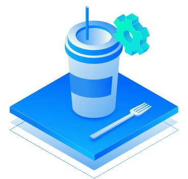 Icon with plastic cup with a straw, fork and cog wheel in it over a square shape.