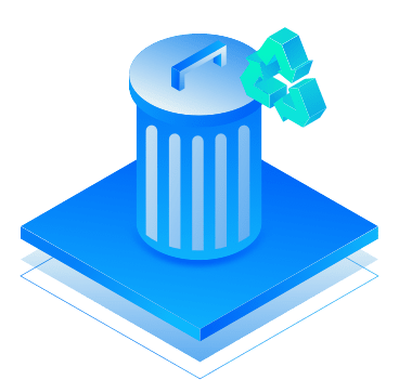 Icon with trash can and recycling mark over square shape.
