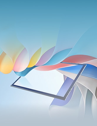 Colorful curved graphics surrounding a rectangular frame