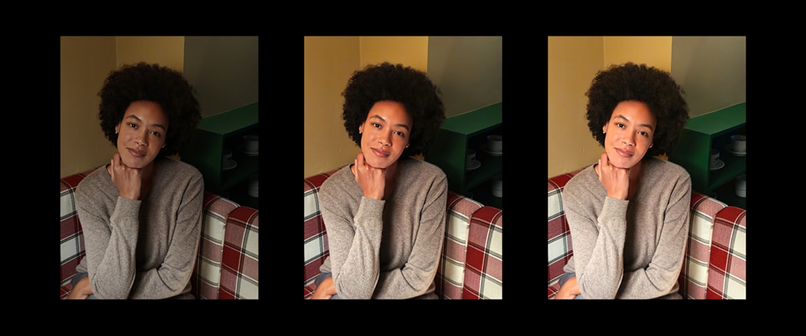 여성 인물 사진 3장이 나란히 배치되어, 낮은 조도에서는 픽셀 비닝으로 밝기와 선명도가 향상되고, 충분한 빛에서는 더 높은 해상도로 디테일이 강조되는 모습을 보여준다.