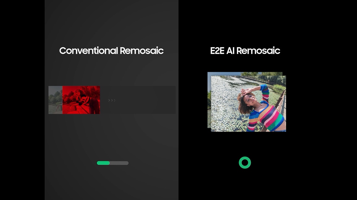 화면을 분할하여 왼쪽은 처리 속도가 느린 'Conventional Remosaic(기존 리모자이크)'를, 오른쪽은 고화질 인물 사진을 빠르게 처리하는 'E2E AI Remosaic' 기술을 비교하여 빠른 촬영 속도를 강조한 이미지.
