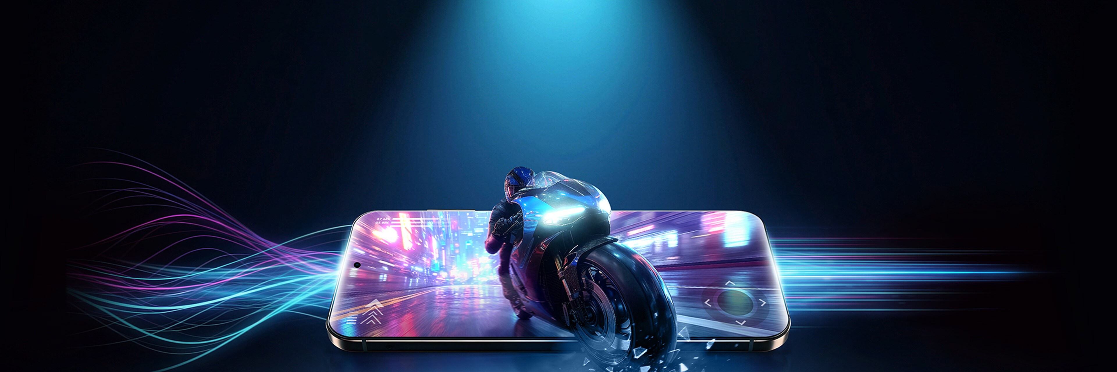 화려한 네온사인 배경 속에서 오토바이가 화면 유리를 깨고 튀어나오는 연출을 보여주는 고성능 스마트폰의 레이싱 게임 화면