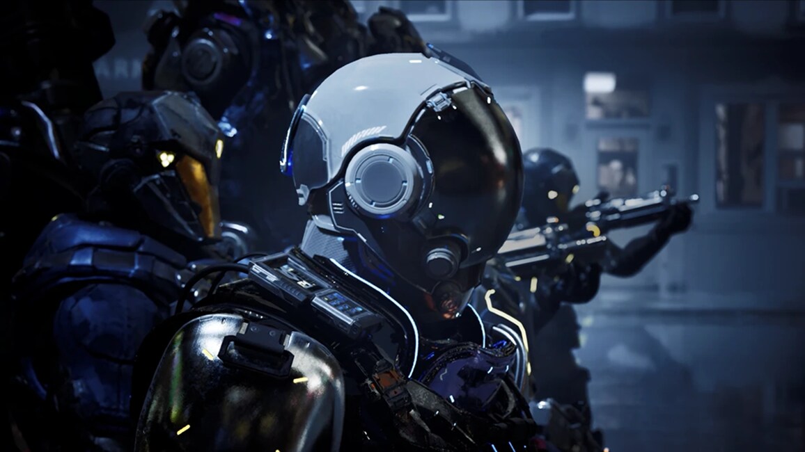 어두운 바이저가 장착된 흰색 헬멧과 최첨단 중장갑 아머를 착용한 미래형 SF 전사와 전술 분대.