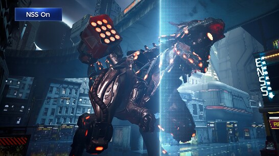 뉴럴 슈퍼 샘플링을 통해 낮은 내부 해상도로 렌더링된 이미지가 고해상도에 준하는 화질로 업스케일링되는 모습