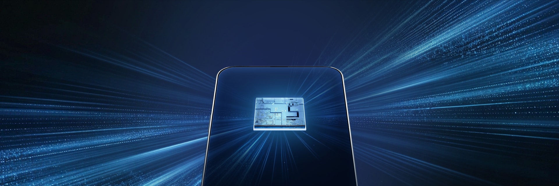 슬림한 스마트폰 내부에 구현된 모바일 SoC 첨단 패키징 기술로 성능, 발열 효율, 공간 최적화를 표현