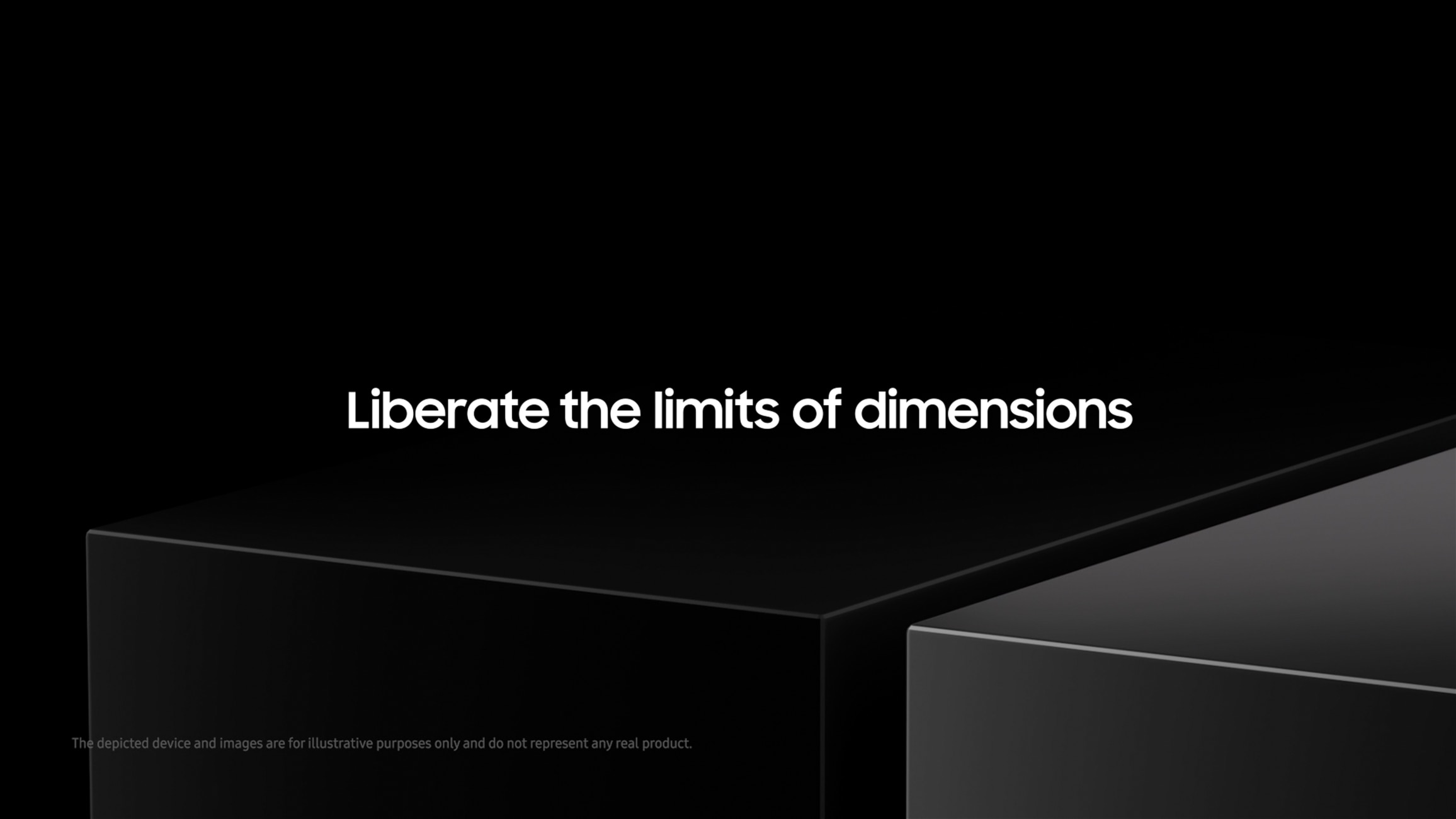 어두운 배경에 세련된 블랙 직육면체 오브제와 "Liberate the limits of dimensions"라는 화이트 문구가 배치된 미니멀한 기술 혁신 및 프리미엄 디자인 컨셉 이미지.