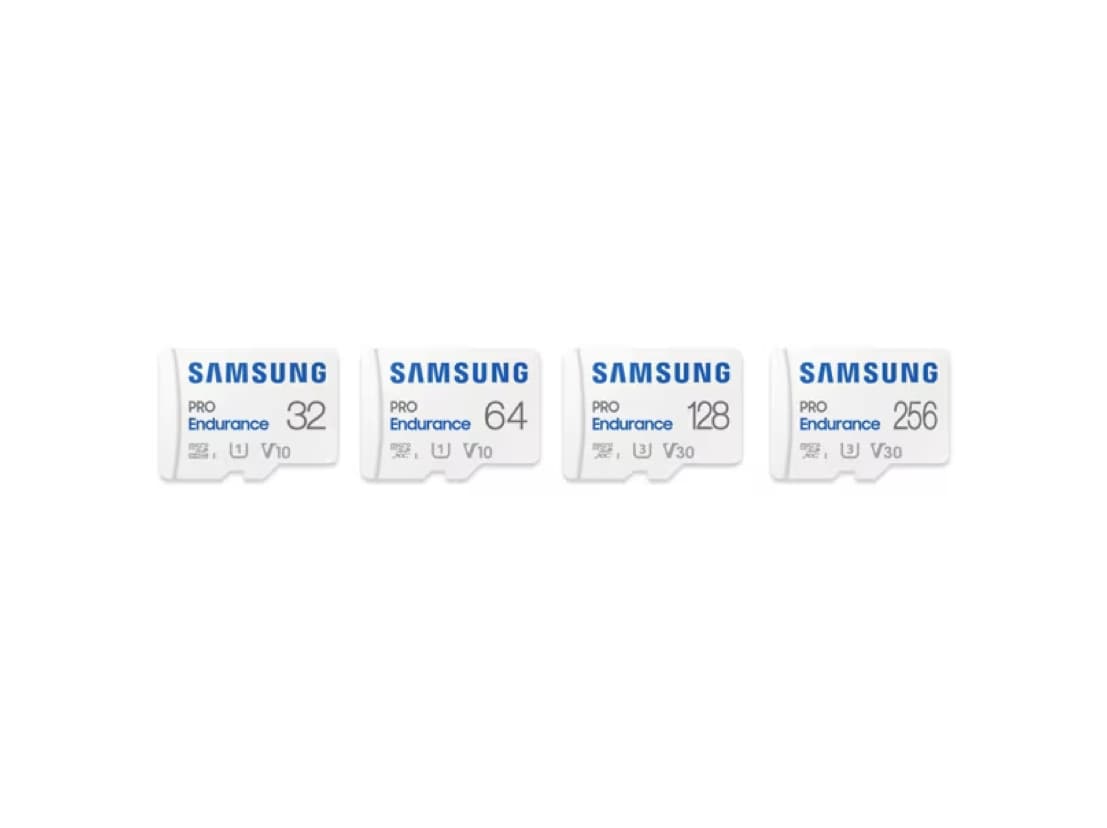 Micro SD Memory Card PRO Endurance offers up to 14,000 hours of recording capacity and is Samsung Semiconductor's memory card with capacity options of 32GB, 64GB, 128GB, and  256GB.