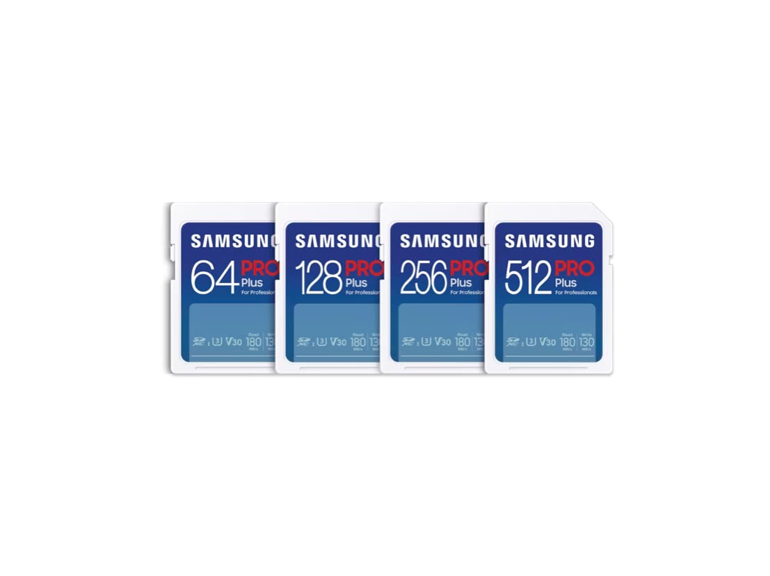 SD Memory Card PRO Plus is Samsung Semiconductor's memory card designed to support an active lifestyle, available in 64GB, 128GB, 256GB, and 512GB configurations.